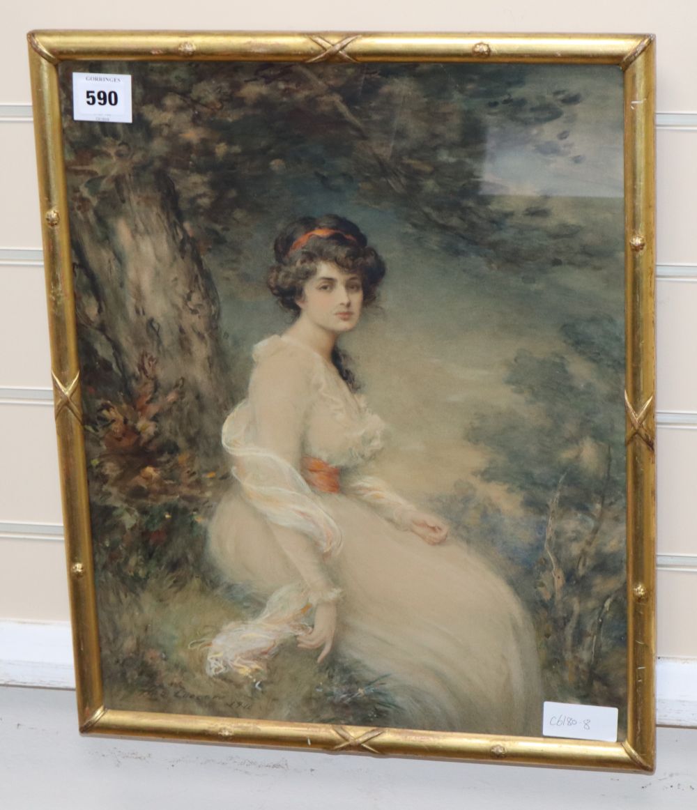 Hal Ludlow, watercolour, Portrait of a lady seated in a landscape, signed and dated 1918, 46 x 37cm
